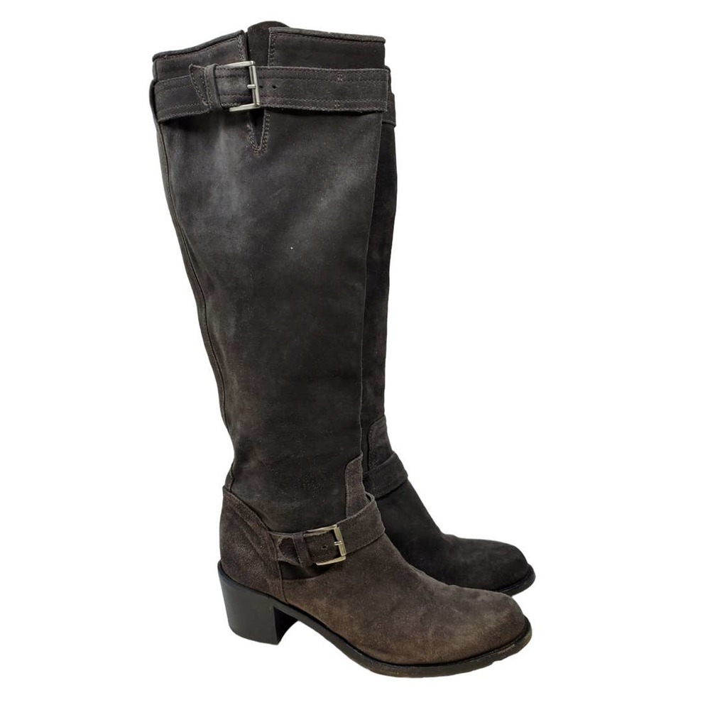 AGL 37.5 Gray Suede Tall Riding Boot Buckle Heel Chic Neutral Minimalist Career